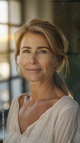 42 year old woman smiling looking forward, head shot, in an office with windows on a sunny day, portrait light shining on her