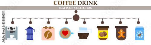 Coffee drink flat icon collection. With icon of latte maker, kettle, beans, iced coffee, mug, and more. For sign, symbol, infographics, presentation or web graphics