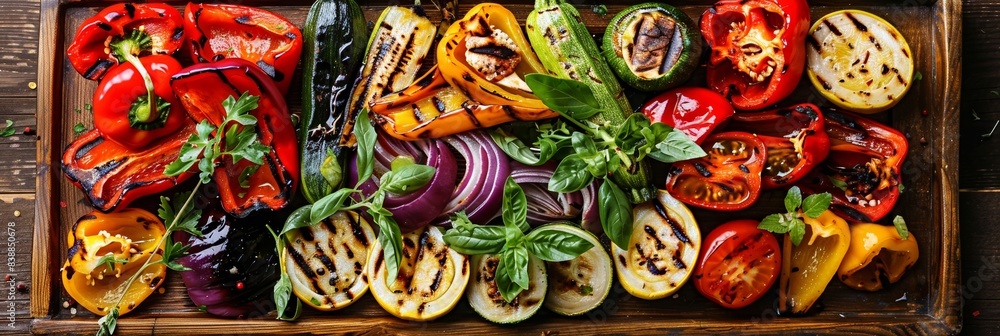 Fototapeta premium Wooden board with roasted vegetables: zucchini, pepper, onion, aubergine, mushrooms. Tasty summer meal.