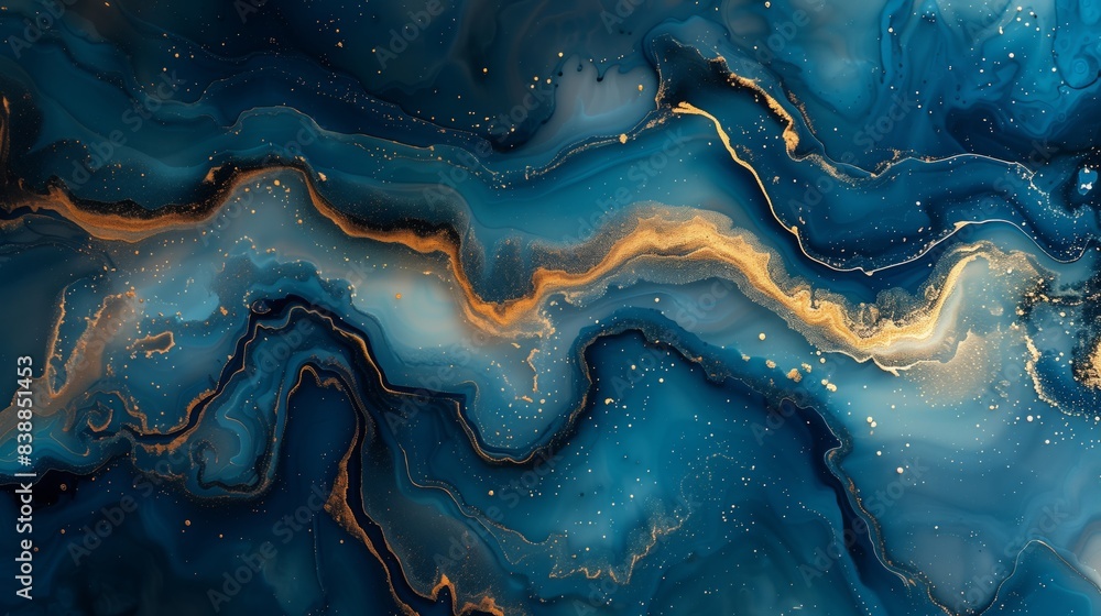 Fluid art painting with predominantly gold and blue colors blending in unique patterns and textures. Fluid art painting with predominantly gold and blue colors blending in unique patterns and textures.