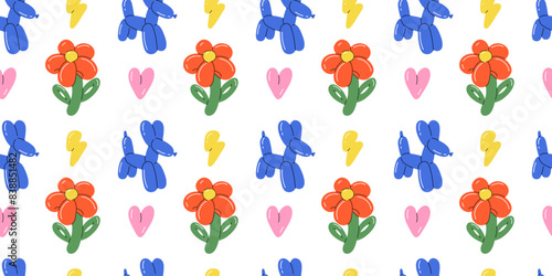 Balloon animals pattern seamless. inflatable dog flower and butterfly. Colorful glossy rubber toy. Birthday party festive y2k decor textile, wrapping paper, wallpaper design. Print for fabric vector