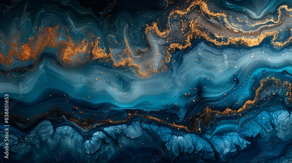 Fluid art painting with dominant gold and blue hues, creating a stunning abstract composition. Fluid art painting with dominant gold and blue hues, creating a stunning abstract composition.