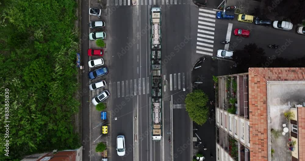 Tracking Shot Above Tram in Rome, Italy - Top Down Aerial View Tracking Shot Above Tram in Rome, Italy - Top Down Aerial View