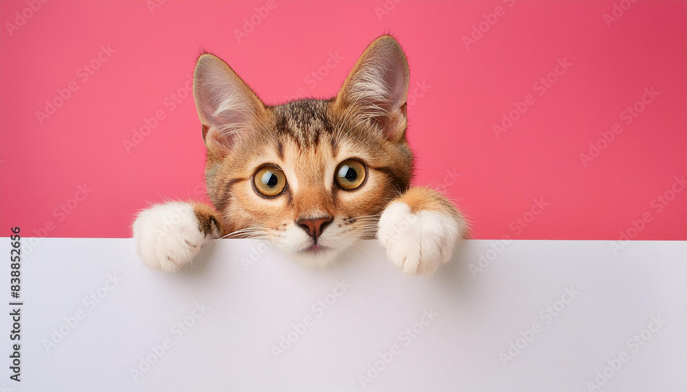 A curious cat peeking over a bright sign A curious cat peeking over a bright sign