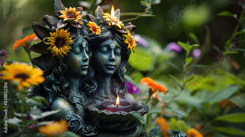 Triple Goddess figurine with candle and colorful flowers in garden, nature background. Symbol of the Triune Moon. esoteric ritual for Litha, Midsummer. witchcraft, wiccan spiritual practice. photo
