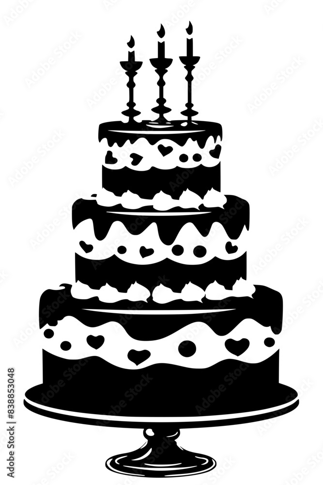 Black and White Birthday Cake Silhouette, Simple black and white silhouette of a three-tiered birthday cake with candles, perfect for celebration-themed designs.
Black and White Birthday Cake Silhouette, Simple black and white silhouette of a three-tiered birthday cake with candles, perfect for celebration-themed designs.