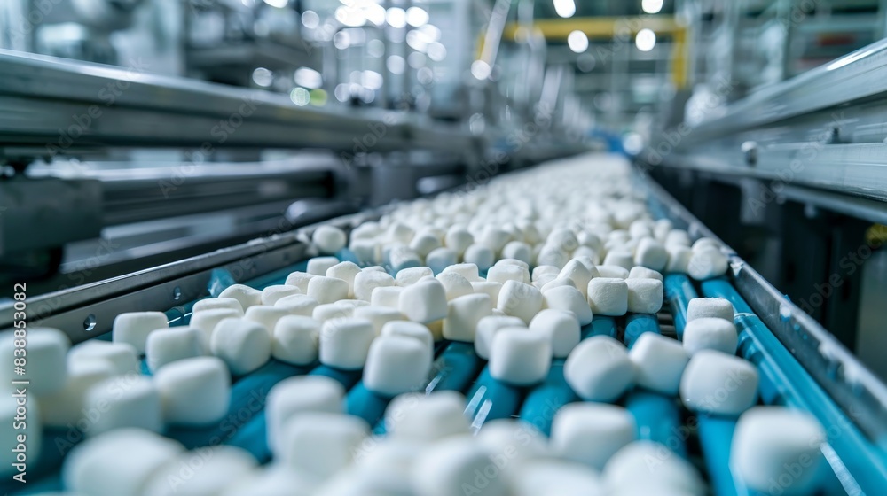 Modern snack plant, close-up of marshmallow production line, clean and precise manufacturing processes captured Modern snack plant, close-up of marshmallow production line, clean and precise manufacturing processes captured