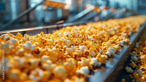 Modern food plant's popcorn production line, close-up view, emphasizing the clean and advanced manufacturing process