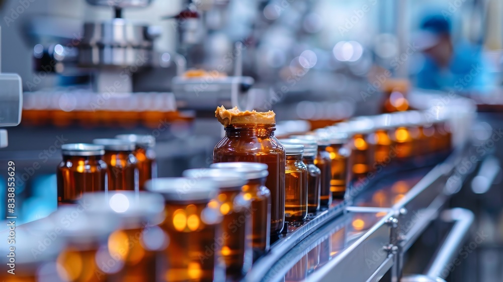 Modern food plant's peanut butter production line, detailed and clean, emphasizing the sophisticated manufacturing process Modern food plant's peanut butter production line, detailed and clean, emphasizing the sophisticated manufacturing process