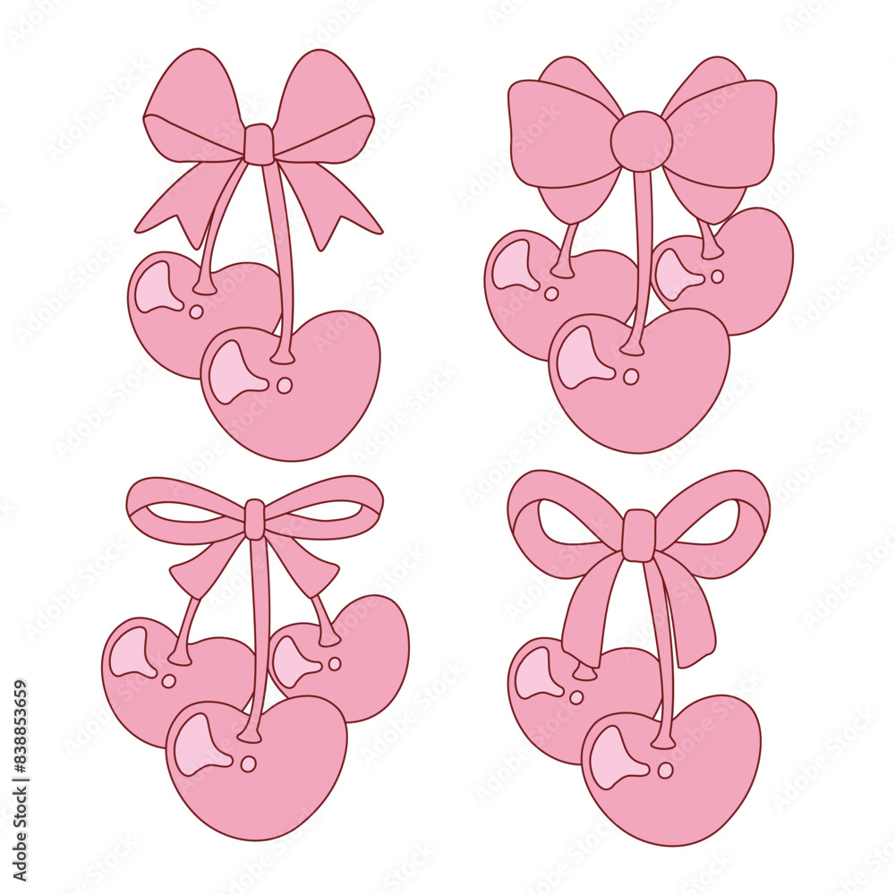 Outline Hand Drawn Heart Cherry and Bow Coquette Vector Illustration in Flat Style Outline Hand Drawn Heart Cherry and Bow Coquette Vector Illustration in Flat Style