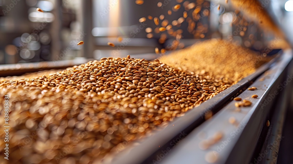 Macro shot of toasted savory seeds on a production line, highlighting the clean process in a modern food plant Macro shot of toasted savory seeds on a production line, highlighting the clean process in a modern food plant