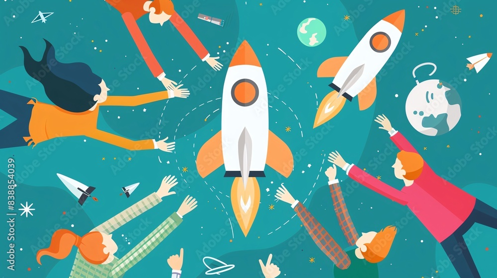 Startup team celebrating a milestone, cartoon drawing, top view Startup team celebrating a milestone, cartoon drawing, top view