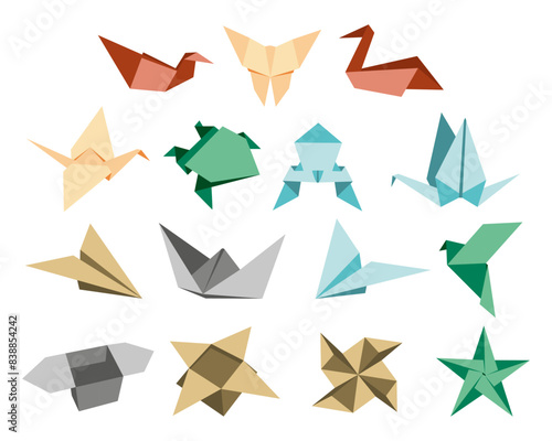 Origami Folded Paper Shapes: Bird, Crane, frog, butterfly, box, tulip. Flat Illustration Set Collection. Black silhouette icon