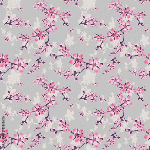 Seamless floral sakura beige pink pattern background