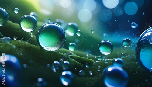 Grainy green and blue abstract space with bubbles as natural background for premium content, concept usage