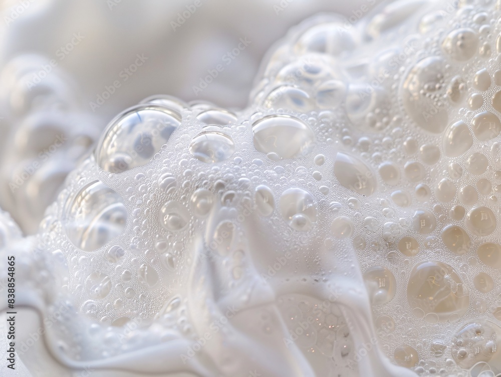 A detailed macro shot of white soap foam bubbles, showcasing the delicate and translucent layers, with light reflecting off the bubbles to create a shimmering, ethereal texture A detailed macro shot of white soap foam bubbles, showcasing the delicate and translucent layers, with light reflecting off the bubbles to create a shimmering, ethereal texture