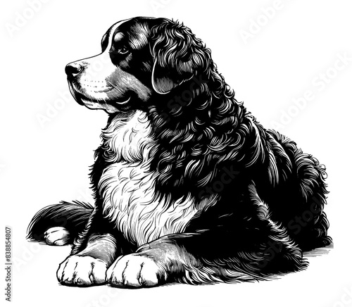 Hand drawn Bernese Mountain Dog in full-body, vector sketch isolated on white background.	