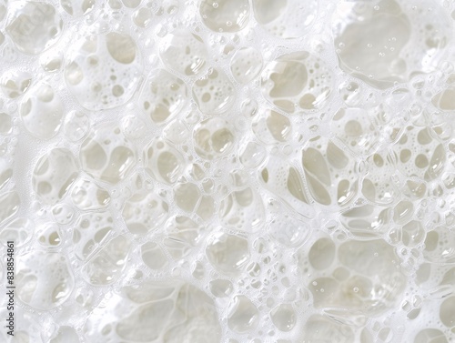 An intricate pattern of white soap foam bubbles forming a mesmerizing abstract texture, with a variety of bubble sizes and subtle reflections creating a soft, airy background