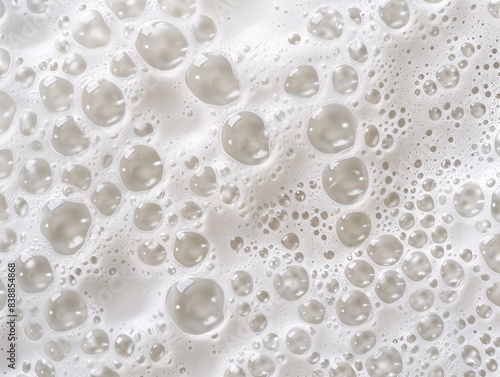 An intricate pattern of white soap foam bubbles forming a mesmerizing abstract texture, with a variety of bubble sizes and subtle reflections creating a soft, airy background