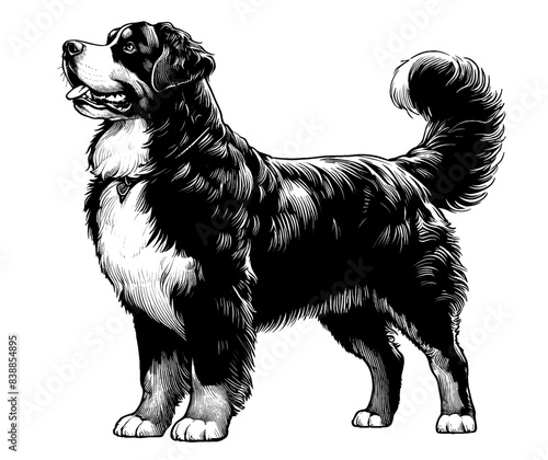 Hand drawn Bernese Mountain Dog in full-body, vector sketch isolated on white background.	