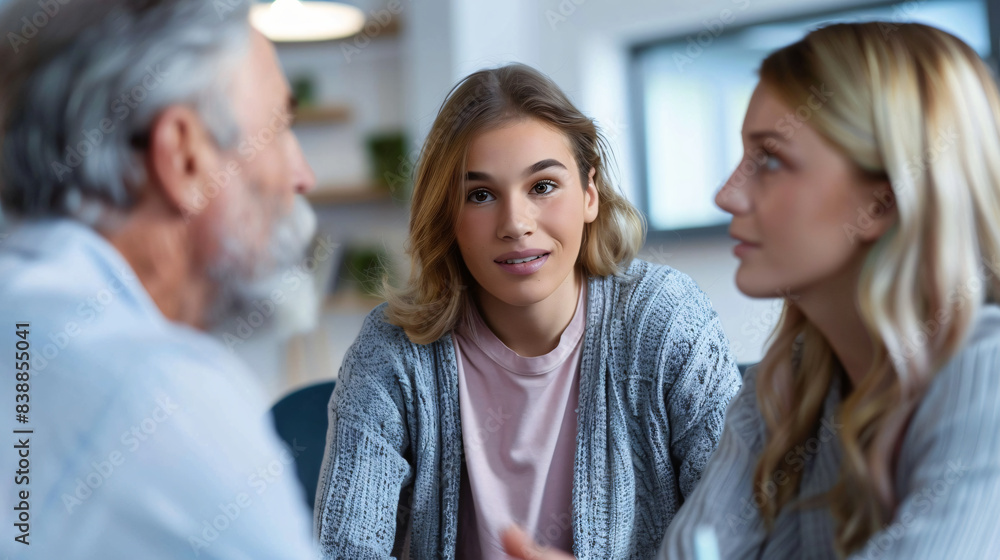 Parents accompanying their adult children to a meeting with a financial advisor in a contemporary office setting. An encouraging atmosphere Parents accompanying their adult children to a meeting with a financial advisor in a contemporary office setting. An encouraging atmosphere