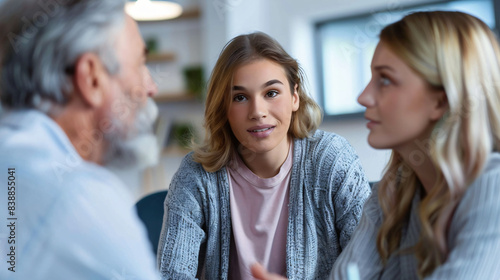 Parents accompanying their adult children to a meeting with a financial advisor in a contemporary office setting. An encouraging atmosphere