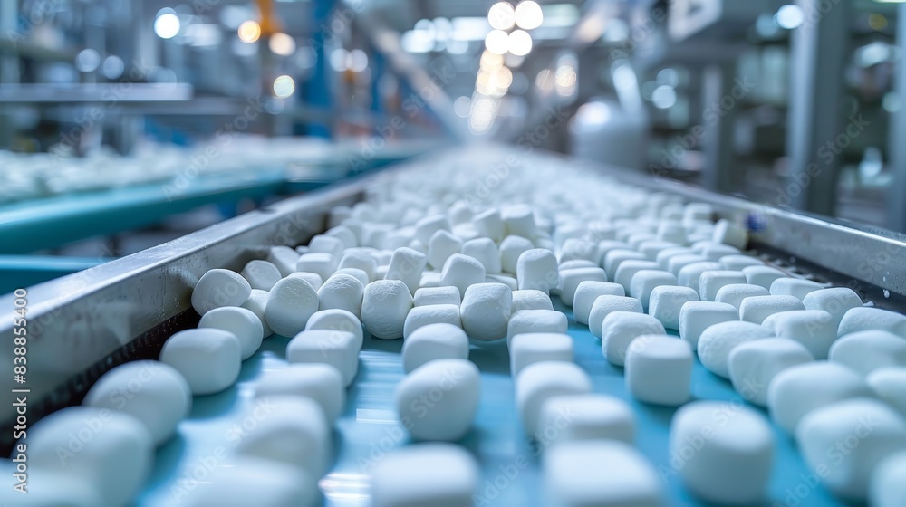 Fototapeta premium High-resolution image of marshmallow production line, modern food plant with clean processes, close-up view