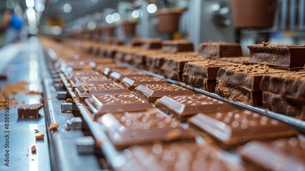 High-resolution image of chocolate wafer squares on a production line, modern and clean food plant atmosphere, perfect for showcasing manufacturing High-resolution image of chocolate wafer squares on a production line, modern and clean food plant atmosphere, perfect for showcasing manufacturing