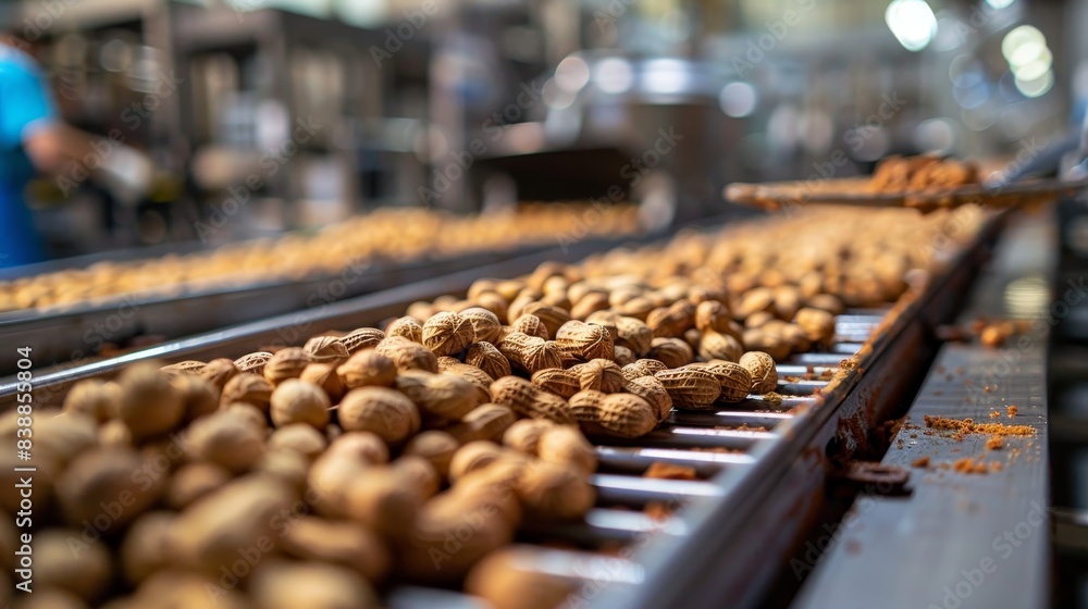 High-resolution image of a modern food plant's peanut butter production line, highlighting the precise and clean manufacturing steps High-resolution image of a modern food plant's peanut butter production line, highlighting the precise and clean manufacturing steps