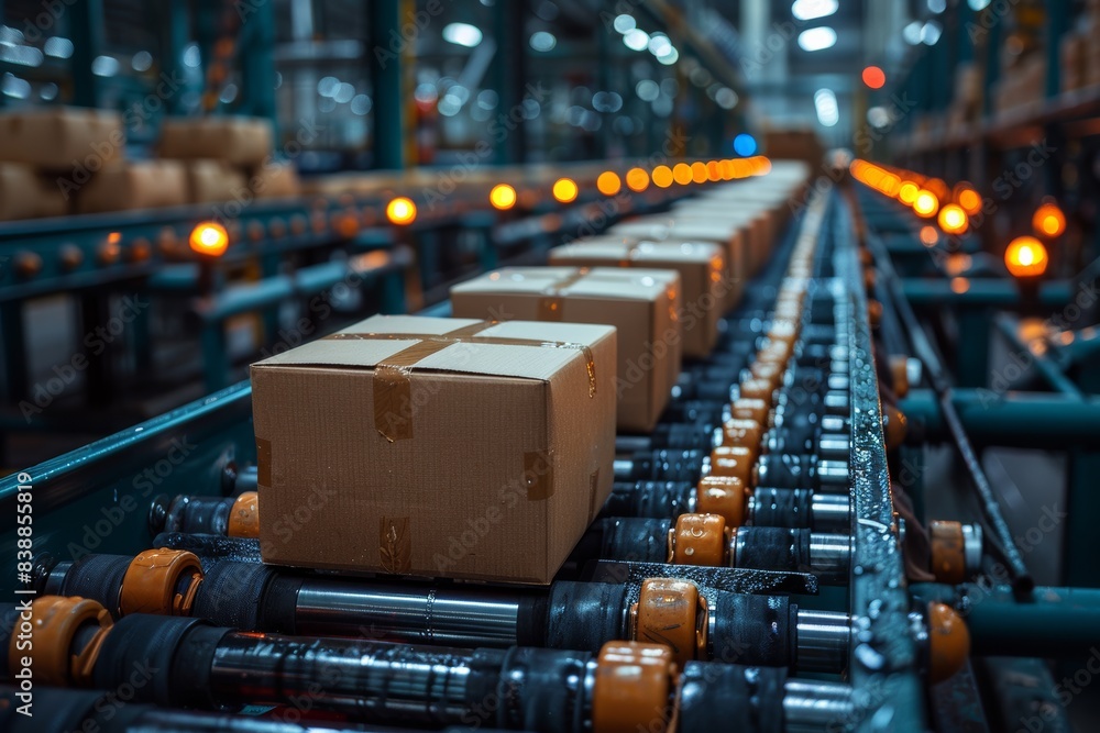 Fototapeta premium motion of multiple cardboard box packages gliding along a conveyor belt in a bustling warehouse fulfillment center, capturing the essence of e-commerce