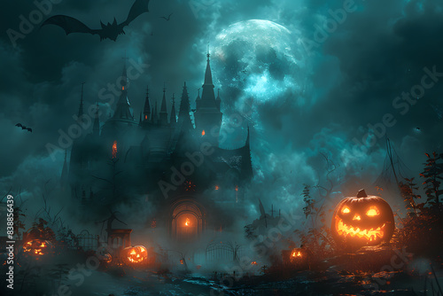 The spooky spirit of Eerie Halloween background with Castel, haunted houses, glowing jack-o'-lanterns, bats, and eerie ghosts. This mysterious scary scene of Halloween pumpkin theme at dark night.