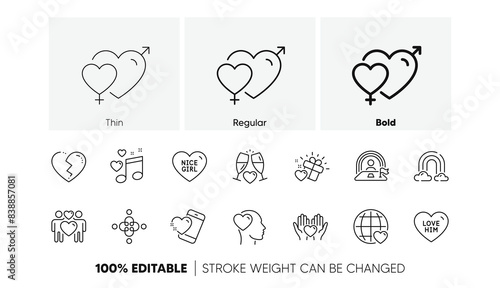 Wedding glasses, Lgbt and Love him line icons. Pack of Rainbow, Love gift, Male female icon. Hold heart, Inclusion, Nice girl pictogram. Broken heart, Friend. For web app, printing. Line icons. Vector
