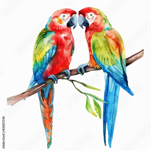 Parrot watercolor illustration. Colorful tropical parrots are sitting on the branch.