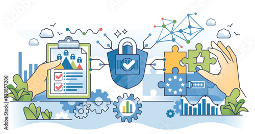 Data governance and information file safety system outline hands concept. Cyber technology for safe cloud storage and company database privacy shield vector illustration. Internet defense management.