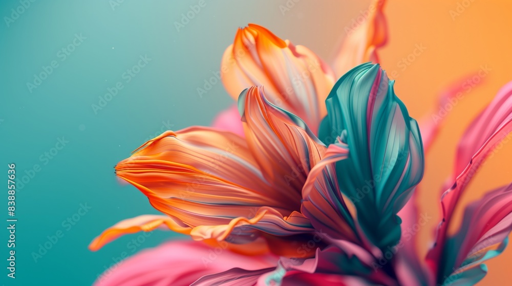 Fototapeta premium Floral card with exotic lily flower, orange pink petals against turquoise green and orange watercolour. background. 