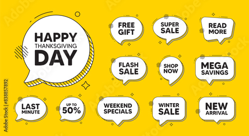 Offer speech bubble icons. Happy thanksgiving tag. Happy family holiday message. Autumn thank you day. Happy thanksgiving chat offer. Speech bubble discount banner. Text box balloon. Vector