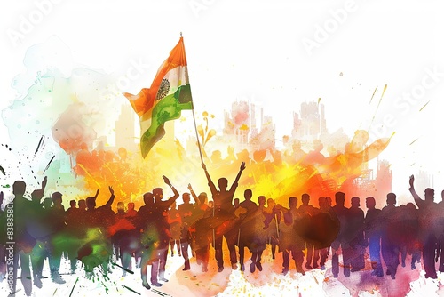 vibrant watercolor painting of a crowd of people of all ages and ethnicities, marching together and waving Indian flags