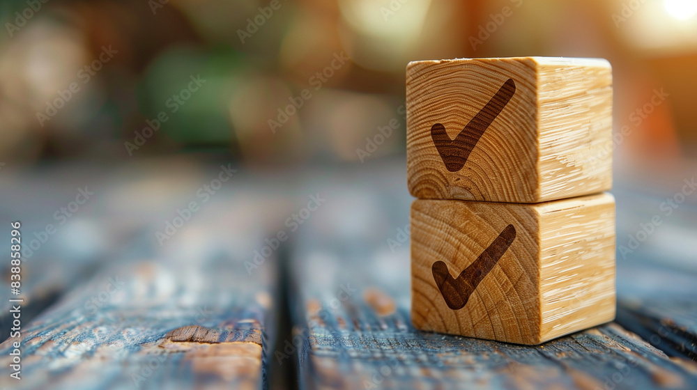 Tick icons on the face of wooden blocks. Task lists, survey, evaluation, item confirmation, quality control. Achieving goals, business success. Tick icons on the face of wooden blocks. Task lists, survey, evaluation, item confirmation, quality control. Achieving goals, business success.