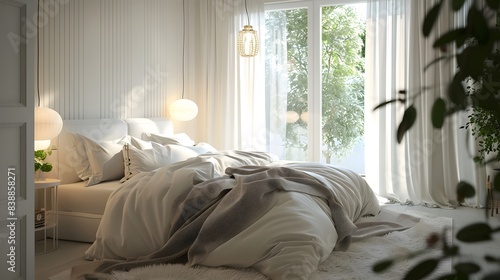 Modern bedroom0 design with a plush white bed cozy decoration © dinny