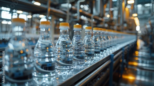 Detailed imagery of a water bottling production line, focusing on the clean and modern manufacturing environment in a food plant