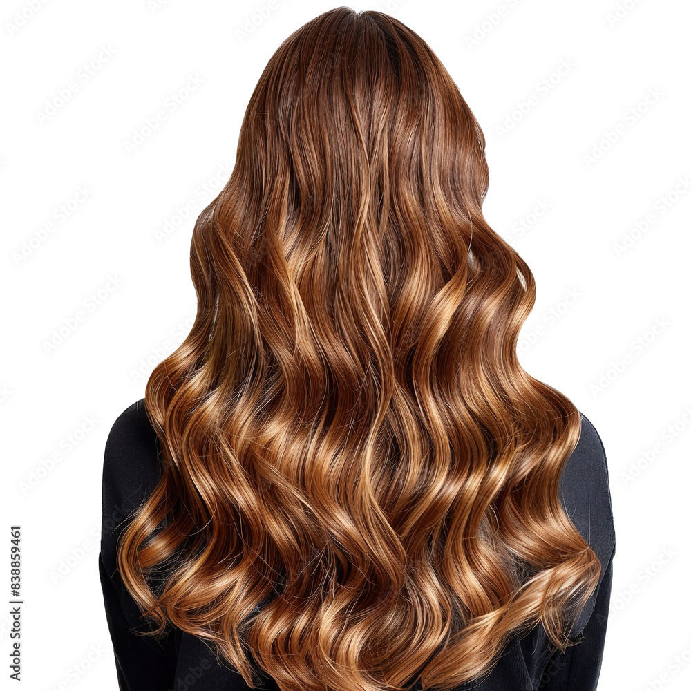 Fototapeta premium Portrait of a girl with shinny balayage curly long hair. Back view. Isolated on white background.