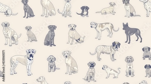 Wallpaper Mural Elegant line art of various dog breeds, arranged in a repeating pattern for fabric or wallpaper seamless pattern Torontodigital.ca