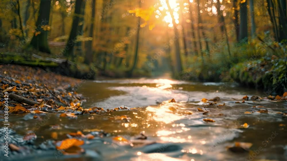 An autumnal forest scene with a stream, fallen leaves, and sunlight filtering through trees An autumnal forest scene with a stream, fallen leaves, and sunlight filtering through trees