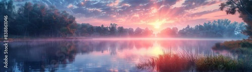 Serene sunrise over a tranquil lake with vibrant pink and blue skies, surrounded by lush greenery and reflecting in calm waters.