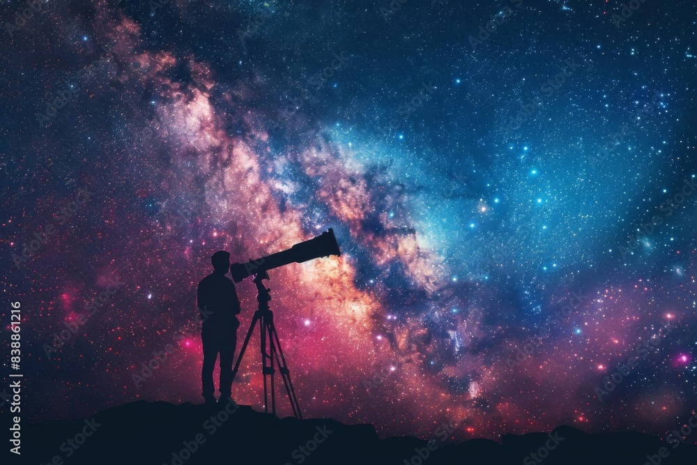 Silhouette of person with telescope gazing at colorful Milky Way galaxy ...