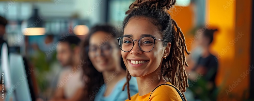 Smiling woman with glasses and dreadlocks in vibrant office, symbolizing creativity and teamwork. Ideal for business and lifestyle themes. Smiling woman with glasses and dreadlocks in vibrant office, symbolizing creativity and teamwork. Ideal for business and lifestyle themes.