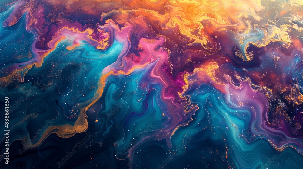 An abstract painting featuring a mix of vibrant colors in swirling patterns against a black background. An abstract painting featuring a mix of vibrant colors in swirling patterns against a black background.