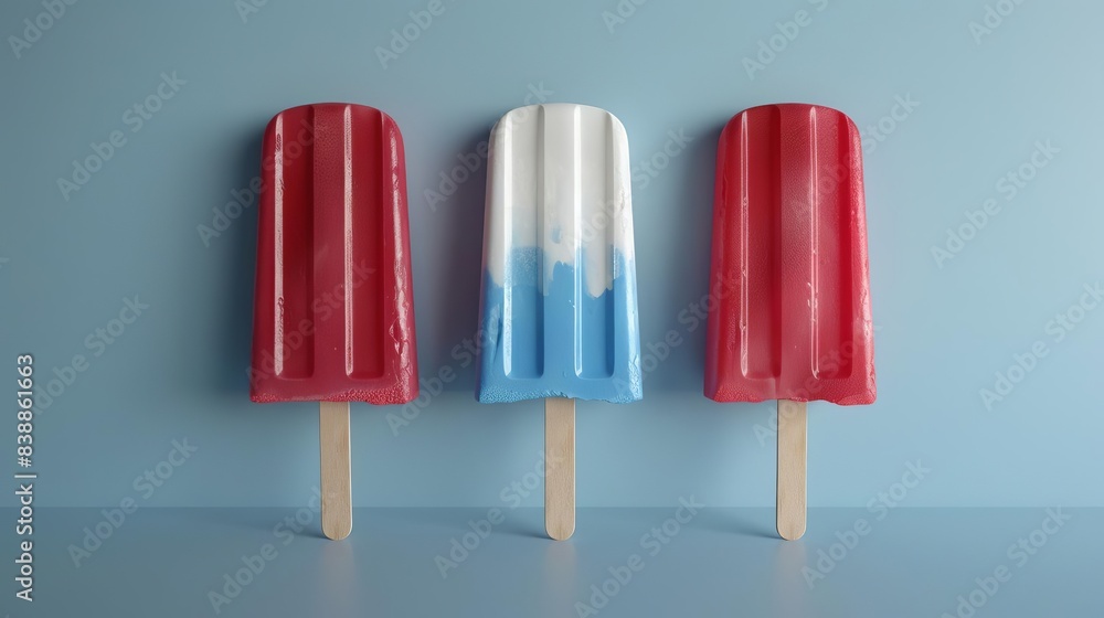 Three colorful popsicles lined up against a blue background. Perfect for summer, ice cream, and frozen treat themes. Three colorful popsicles lined up against a blue background. Perfect for summer, ice cream, and frozen treat themes.
