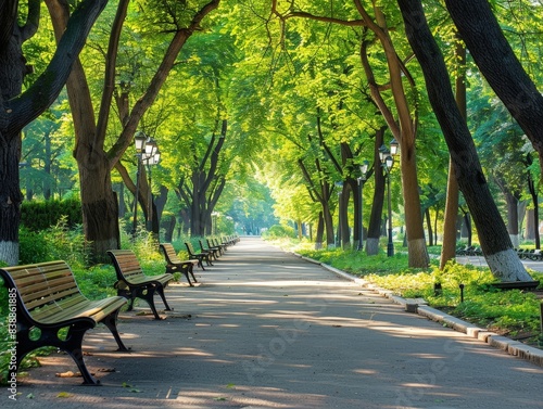 Serene Tree-Lined Walkway in Urban Park with Inviting Benches for Relaxation and Tranquility