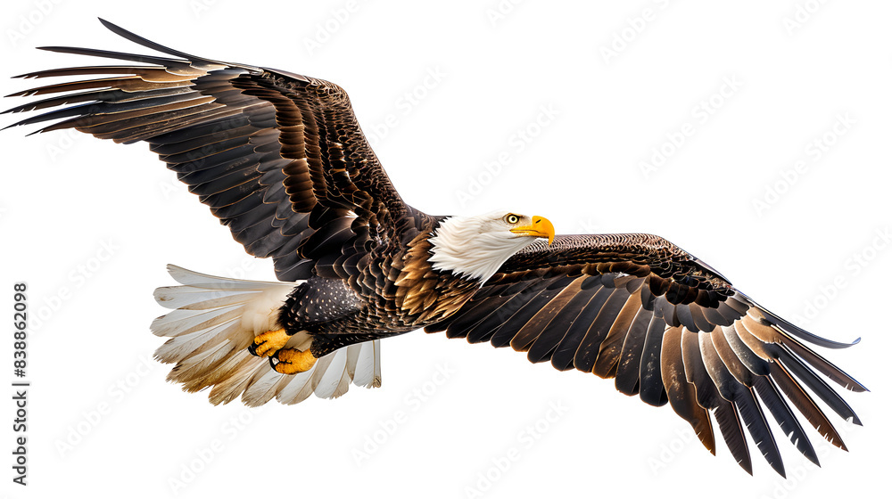 An American bald eagle flying against a white background, representing strength, freedom, and independence. An American bald eagle flying against a white background, representing strength, freedom, and independence.